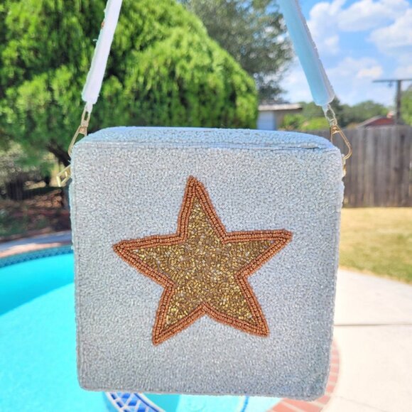 Gold Sparkle Star Seed Beaded Crossbody Box Bag with Star Strap Western Boho NEW - Picture 7 of 8